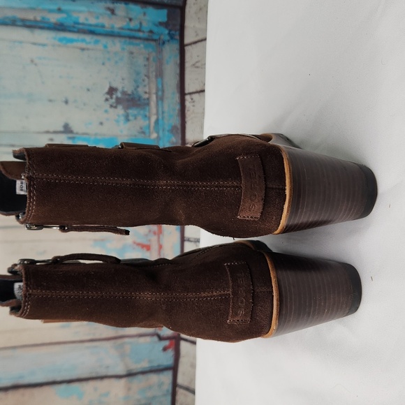 Sorel After Hours Suede Wedge Booties Brown Ankle Leather Straps - Picture 4 of 8